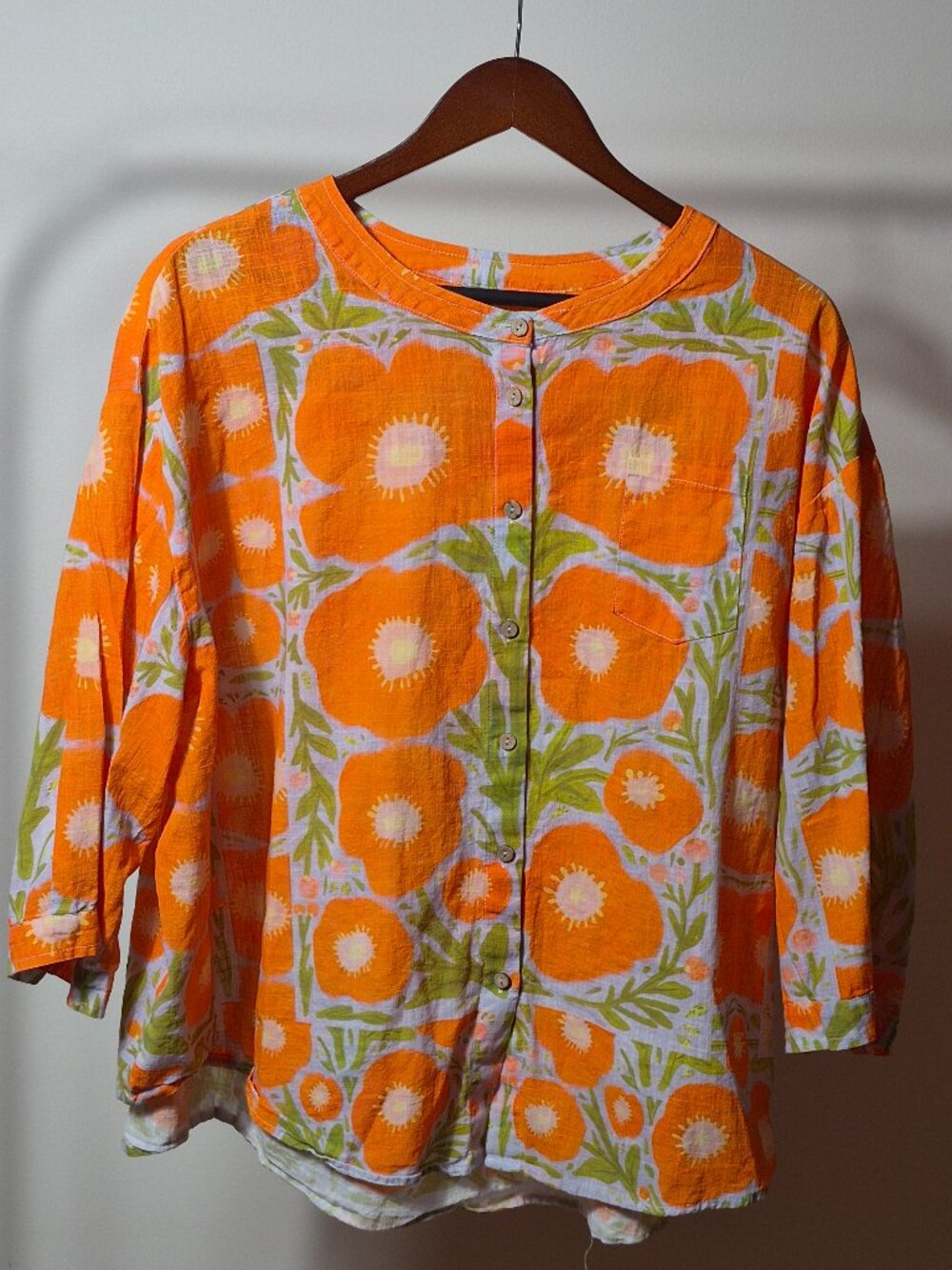 Womens 3XL Linen Cotton Tunic Blouse Orange Floral Button Front Boho Plus Size